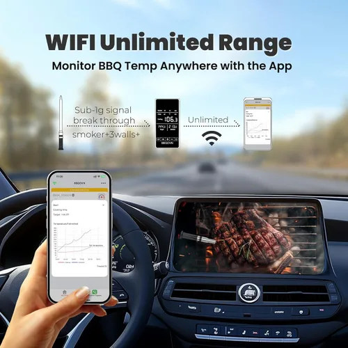 Vista 2 de Termómetro inalámbrico inteligente para carne con WiFi, alcance ilimitado, 7 sensores certificados NIST, precisión ±0.5°F, Sub-1G