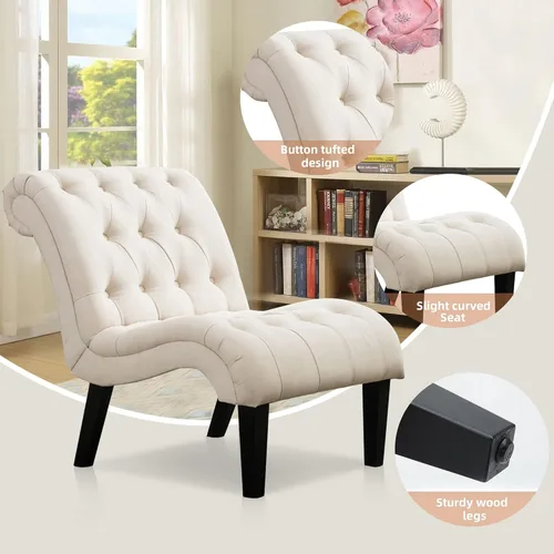 Vista 37 de Yongqiang Silla decorativa para dormitorio, sala de estar, moderna silla esquinera tapizada con botones y sin brazos con patas de madera
