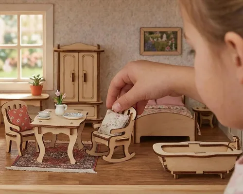 Vista 5 de BOHS Juego de muebles de casa de muñecas de 34 piezas, escala 1/24, rompecabezas 3D de madera cortados con láser, modelos y accesorios en miniatura