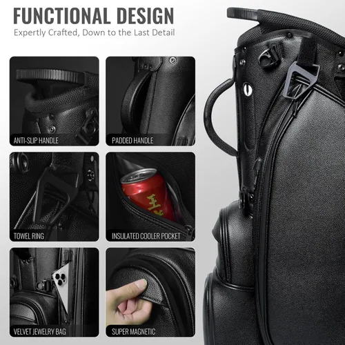 Vista 4 de 5 divisores de longitud completa, ligera, impermeable, con cremallera, de piel sintética, bolsa de golf blanca y negra, bolsa de soporte de golf