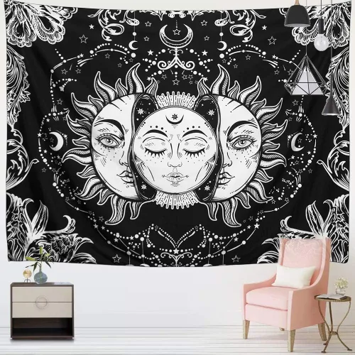 Vista 2 de ARFBEAR Tapiz de sol y luna, sol ardiente con estrellas, psicodélico, popular tapiz místico para colgar en la pared, manta de playa en blanco