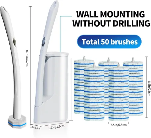 Vista 3 de Sistema de Cepillo de Limpieza Desechable para Inodoro con 50 uds. de Almohadillas de Repuesto Cabezales, Varilla de Limpieza para Inodoro, Kit