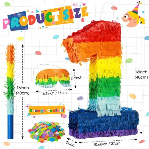 Vista 2 de Sratte Piñata de números arcoíris, piñata multicolor, pequeña fiesta de cumpleaños con palo y confeti para cumpleaños, aniversario, fiesta de Cinco