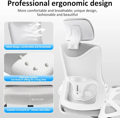 Vista 4 de Fizzin Silla de oficina ergonómica, silla de escritorio ergonómica con reposacabezas de malla para computadora con respaldo alto, soporte lumbar