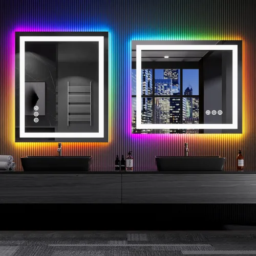 Vista 159 de LOAAO Espejo de baño LED de 28 x 36 pulgadas con luces, antiniebla, regulable, retroiluminado + iluminado frontal, espejo de tocador de baño