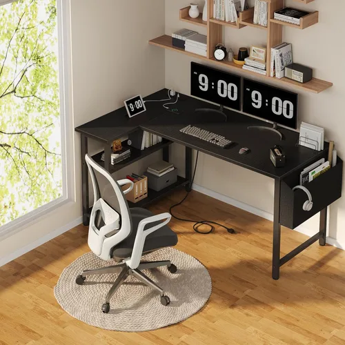 Vista 2 de Lufeiya - Escritorio en forma de L con tomas de corriente, estantes de 47 pulgadas, escritorio de esquina para oficina en casa o dormitorio