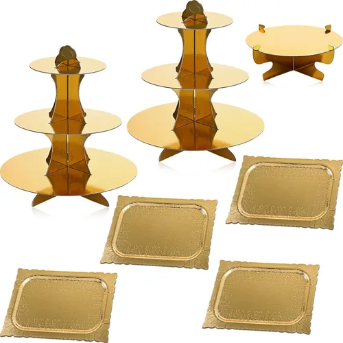 Vista 16 de Zopeal Juego de 7 piezas de mesa de postre de 3 niveles, soporte para cupcakes de 1 nivel, platos de torre de exhibición de pasteles y bandejas