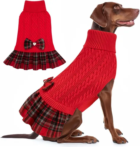 Vista 10 de Kyeese Suéter de perro vestido a cuadros con cuello alto para perro, suéter de punto para mascotas para otoño e invierno