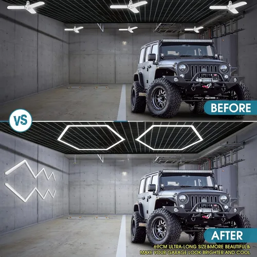 Vista 8 de LZHOME - Luz LED hexagonal para garaje - Luz para detallado automotriz de 12 700 lm, luces de techo y pared para decoración modular, ideal