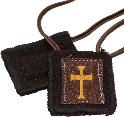 Vista 3 de Escapulario marrón de lana devocional católico Gran regalo cristiano para hitos religiosos como la primera comunión y confirmación Incluye