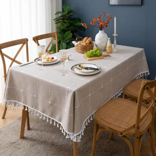 Vista 4 de Oubonun Mantel rectangular de lino de algodón, resistente a arrugas, impermeable, lavable, estilo casa de campo, con borlas, para cocina, comedor