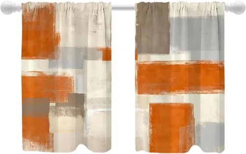 Vista 88 de Shrahala Beige and Orange Abstract Art Brushstrokes Tier Curtains for Kitchen Windows, Abstract Oil Paint Cafe Curtain Multilayer Polyester Blackout