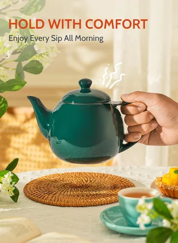 Vista 4 de Sweese Teteras para té, tetera de porcelana de 27 onzas con infusor extraíble de acero inoxidable, teteras para té suelto, verde oscuro