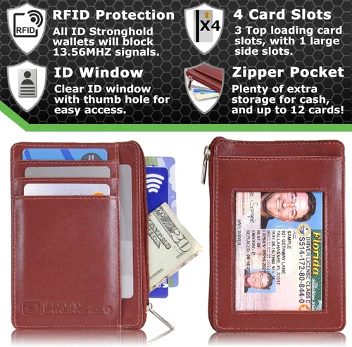 Vista 3 de ID STRONGHOLD - Cartera con bolsillo frontal RFID, mini, minimalista, delgada, de piel auténtica con cremallera, Rojo