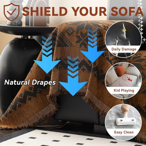 Vista 5 de VClife Funda de sofá bohemia para Navidad, 1 pieza, suave y cálida para sofá seccional, funda lavable de calabaza y jacquard negro para sofá biplaza