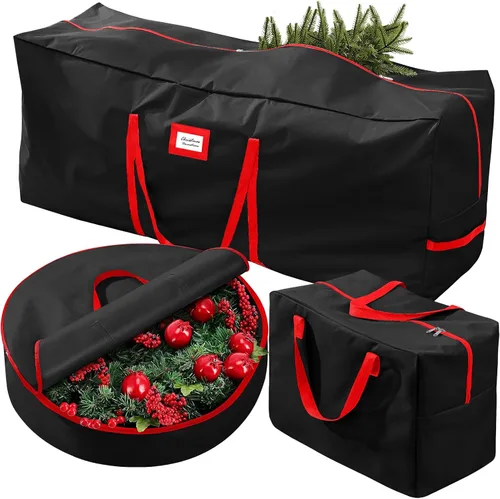 Vista 8 de Paquete de 3 bolsas de almacenamiento para árbol de Navidad, para árboles artificiales de hasta 7.5 pies, duraderas e impermeables con asas de Verde