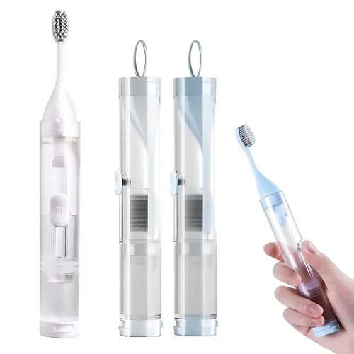 Vista 7 de Juego de 2 cepillos de dientes de viaje plegables, tamaño de viaje, recipiente integrado para pasta de dientes, incluye 2 cabezales limpiadores