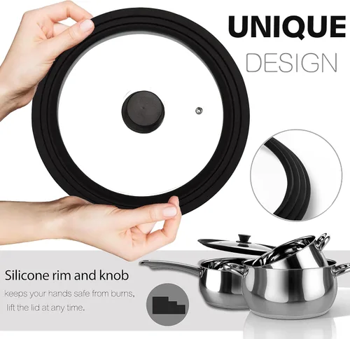 Vista 3 de Lerykin Juego de 2 Tapas de Vidrio Templado - Tapas Universales con Borde de Silicona Resistente al Calor para Ollas, Sartenes y Skillets - Tapas
