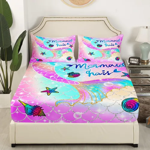 Vista 3 de Feelyou - Juego de sábanas de sirena, tamaño individual, arcoíris, cola de sirena impresa, juego de ropa de cama colorida, lindo juego de sábanas