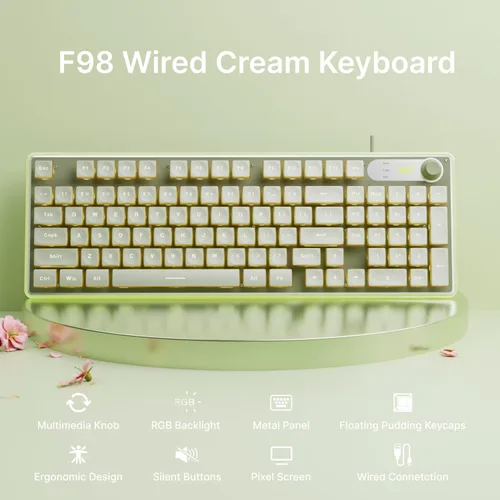 Vista 2 de EWEADN F98 - Teclado con cable con pantalla inteligente y perilla, 98 teclas, teclados estéticos de computadora, panel de metal, bonito teclado