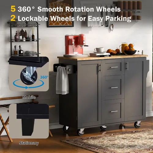 Vista 6 de LUMISOL Isla de cocina con ruedas con estante de almacenamiento interno, carrito de isla de cocina con parte superior de madera de goma, 2 estantes