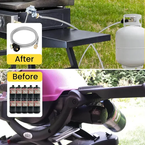 Vista 4 de Adaptador de Manguera de Propano de 6 Pies, Convertidor de 1 libra a 20 libras con Medidor, Manguera de Propano Trenzada de Acero Inoxidable Buddy