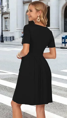 Vista 6 de AUSELILY - Minivestido de manga corta para mujer, plisado, con volantes, acampanado, con botón