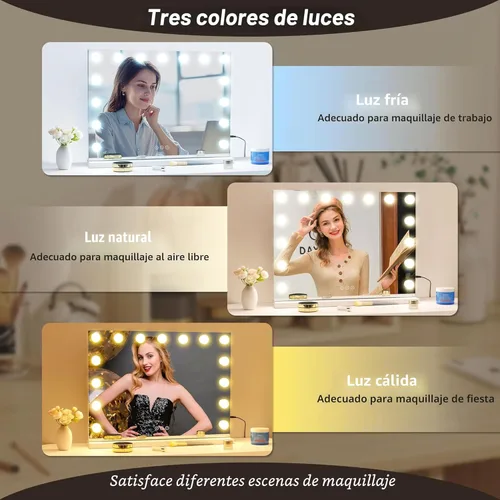 Vista 2 de Espejo de tocador con luces, espejo de maquillaje iluminado con 15 bombillas LED regulables, 3 modos de iluminación de color, puerto de carga USB