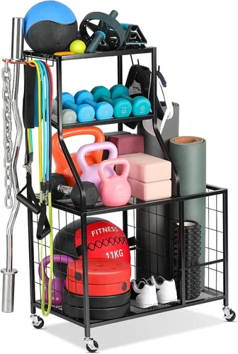 AHOWPD Estante de pesas para gimnasio en casa, estante de almacenamiento para esterilla de yoga, estante de almacenamiento para mancuernas y pesas