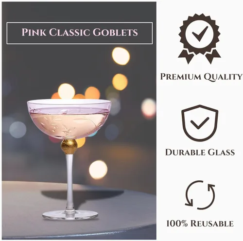 Vista 5 de Copas de cóctel Art Deco Coupé, juego de 4, copas de 8 onzas para champán, martini, manhattan, sidecar, cristalería de cristal rosa vintage