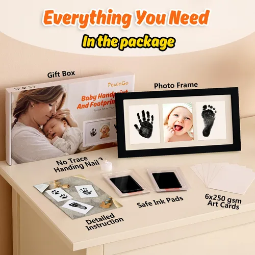 Vista 8 de Kit de manos y huellas para bebé, kit de huellas de manos para bebés sin tinta con 2 almohadillas de tinta seguras y un marco de madera para bebés