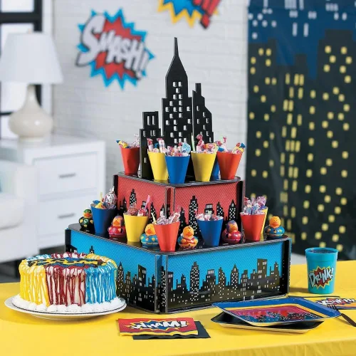 Vista 3 de Fun Express Soporte para golosinas de Superhero Skyscraper City – Incluye 32 conos de papel – Suministros y decoración para fiestas de cumpleaños