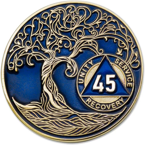 Vista 265 de 1 año Sobriety Mint Twisted Tree of Life Medallón de recuperación AA chapado en oro, chip/ficha - negro