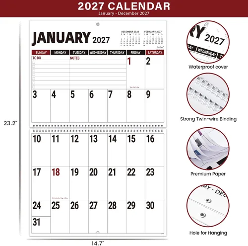 Vista 4 de 2027 Calendar - 2027 Wall Calendar Jan 2027 - Dec 2027, 14.7'' x 23.2'' 2027 Large Wall Calendar, 12 Months Jumbo Large Print 27 Calendar, 14.7'' x