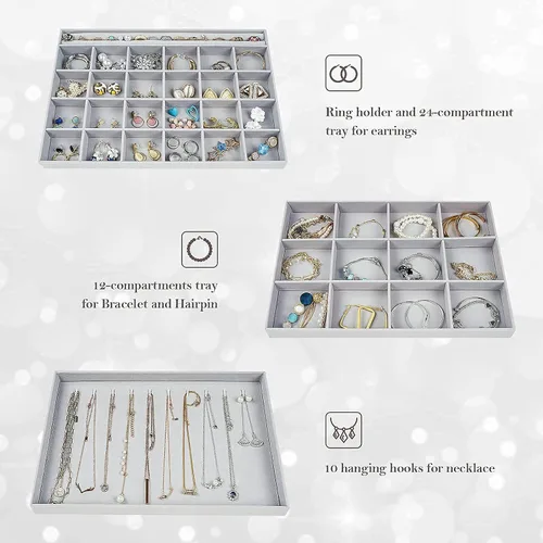 Vista 3 de ProCase - Juego de 3 bandejas de joyería apilables para cajones con organizador de joyas ProCase con bandeja organizadora de joyas con tapa