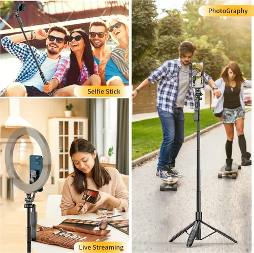 Vista 8 de Trípode para selfie stick de 61 pulgadas, todo en uno, extensible con control remoto inalámbrico, rotación de 360° para iPhone y Android, grabación