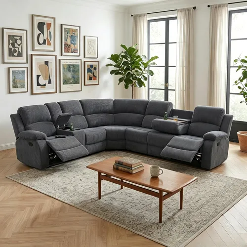 Vista 20 de Juego de sofá seccional reclinable manual, juegos de muebles de sala de estar de cuero regenerado en forma de L, sofá de esquina seccional Negro