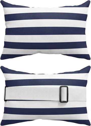 Vista 2 de Almohadas reclinables para la cabeza con inserto, almohadas lumbares de rayas azules y blancas con correa ajustable, almohadas de patio impermeables