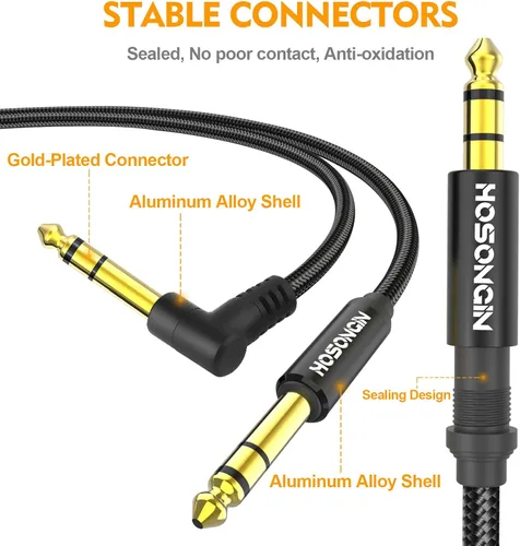 Vista 5 de HOSONGIN Paquete de 2 cables TRS para instrumentos de 1/4 de pulgada de 3.3 pies, cable de audio estéreo macho de ángulo recto a recto de 0.250 in