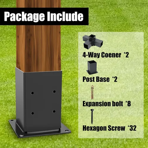 Vista 5 de Paquete de 2 kits de pérgola de 4 vías de 4 x 4 pulgadas (real 3.5 x 3.5 pulgadas), soportes en T, soporte de esquina/kit de kiosco, base de poste