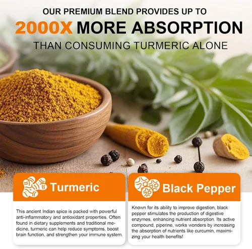 Vista 5 de Suplemento de cúrcuma y jengibre de 1500 mg, suplemento complejo de cúrcuma con extracto de pimienta negra y 95% curcuminoides para ayudar