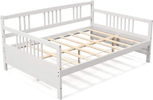 Vista 7 de KOMFOTT Marco de sofá cama de madera tamaño matrimonial, marco de sofá cama con soporte de listones de madera, no necesita somier, marco de sofá