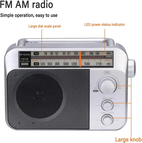 Vista 7 de Retekess TR604 Radio AM FM Portátil de Transistor Analógico con Jack de Auriculares de 3.5mm, Funciona con Pilas o Alimentación CA (Plata, AM FM)
