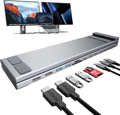 Vista 12 de Base de acoplamiento USB C de 5 en 1 con soporte para portátil de aluminio ajustable, concentrador USB C con 4 puertos USB A 3.0 con transferencia