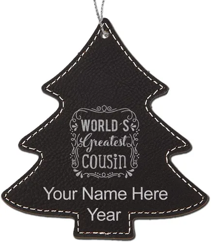Vista 5 de LaserGram Personalized Christmas Ornament, World's Greatest Cousin, Faux Leather, Custom Laser Engraved Gift Idea (Tree Shape, Black)