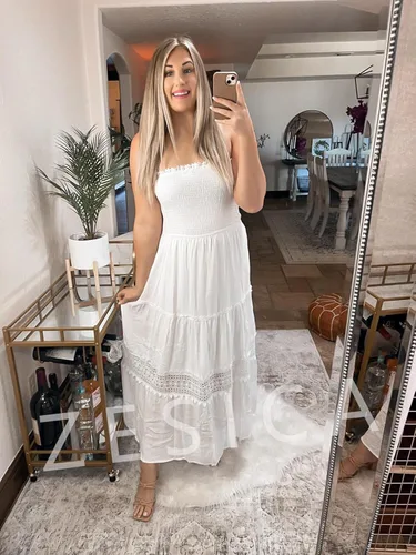 Vista 9 de ZESICA Women's 2023 Summer Bohemian Strapless Off Shoulder Lace Trim Backless Flowy A Line Beach Long Maxi Dress