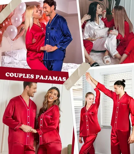 Vista 4 de SWOMOG Conjunto de pijama a juego para parejas, ropa de dormir de satén de manga larga con botones, ropa de dormir suave de 2 piezas
