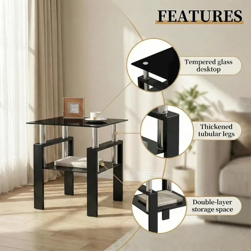Vista 4 de IANIYA Mesa auxiliar moderna de cristal, mesa auxiliar de 2 niveles con parte superior de vidrio templado y patas de metal, mesa de noche mesa