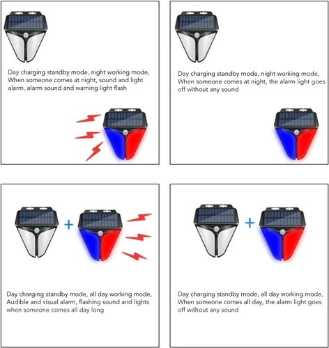 Vista 7 de Dpofirs Luces de advertencia estroboscópicas solares actualizadas 2023 con alarma de 129 dB y 4 modos de funcionamiento, luz de alarma con sensor