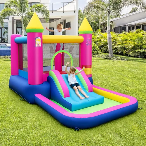 Vista 9 de HONEY JOY Casa inflable con tobogán y piscina, con temática de princesa para fiestas al aire libre e interior, casa hinchable para niños y niñas